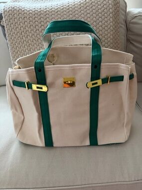 Cream Canvas Tote with Green Trim and Gold Hardware